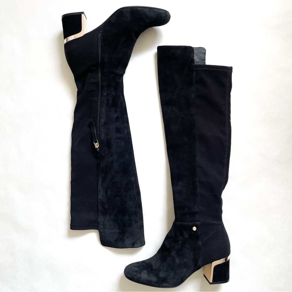 DKNY Black Cora Over the Knee Boots with Gold Accent - Picture 1 of 8